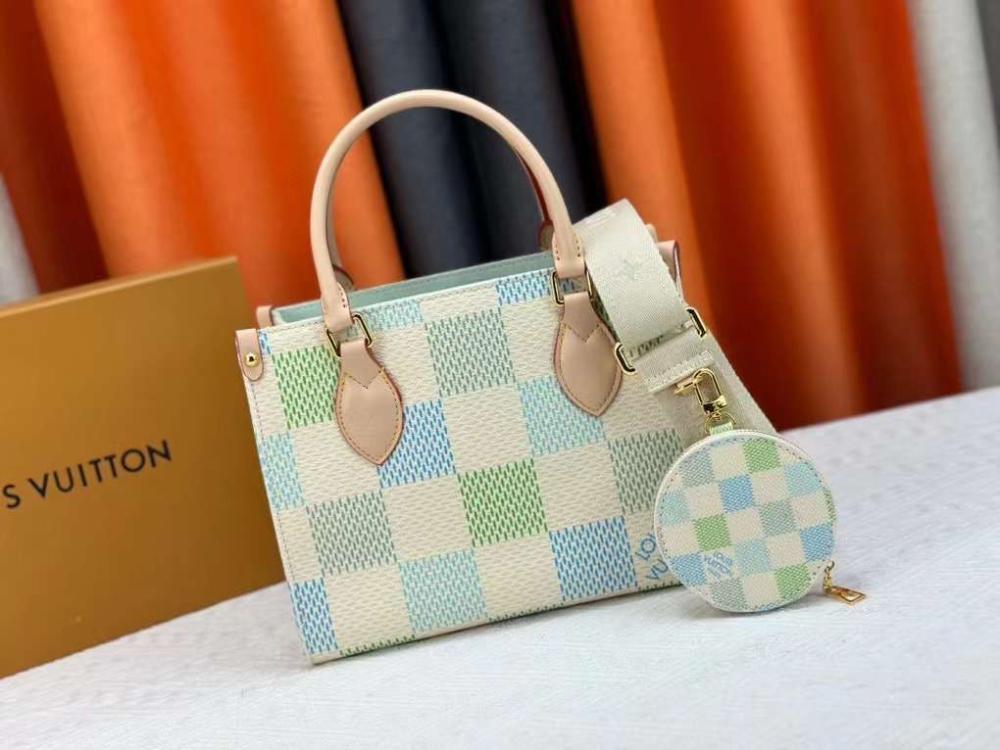 Louis Vuitton On the Go Handbag in Beige, Green, and Blue