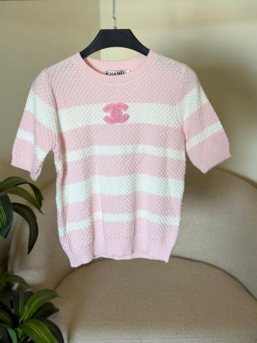 Chanel women's knitted t-shirt in pink and white - E-SEVEN STORE