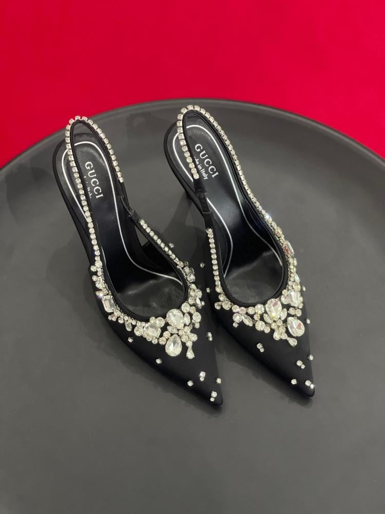 Gucci Women's Black Crystal Embellished Back Belt Heels - E