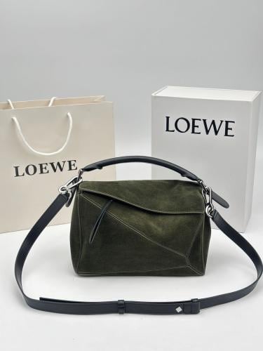 Loewe Puzzle Medium Suede Shoulder Bag in Dark Green - E-SEVEN STORE