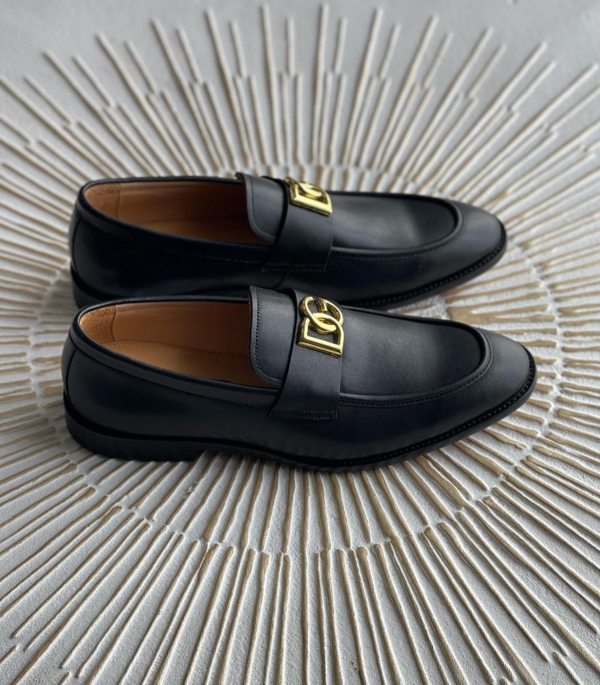 Dolce & Gabbana Men's Black Leather Formal Slip-On Shoes with Gold Logo
