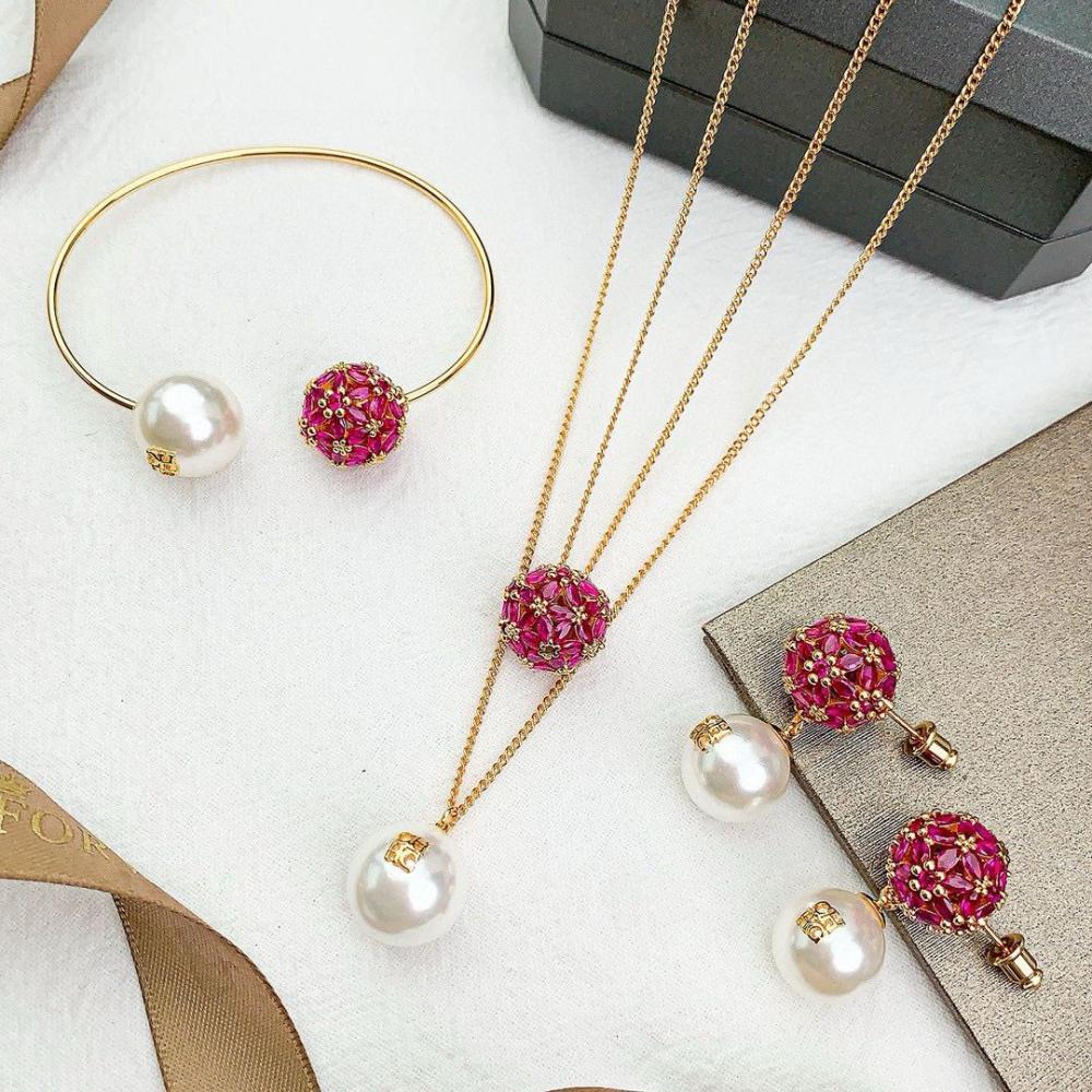 Carolina Herrera Gold and Red Flower Pearl Earring, Bracelet and Necklace Set