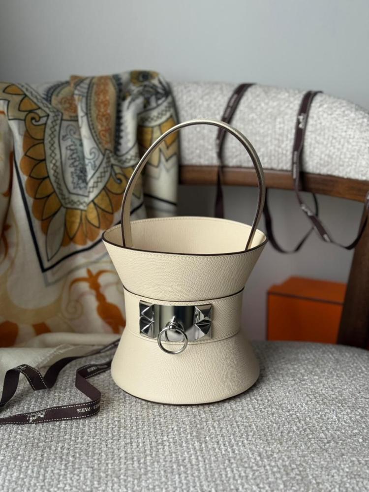 Hermes Midor women's bag, cream white color with silver metal