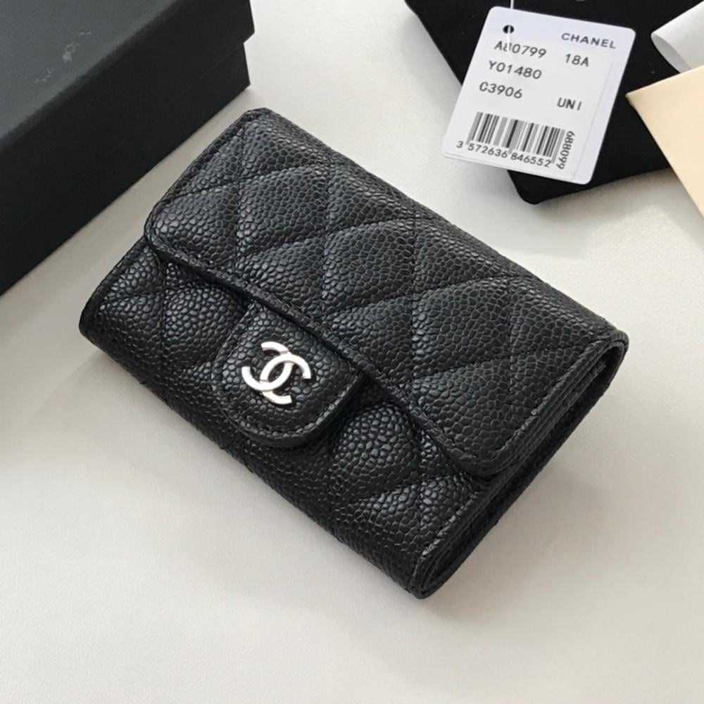 Chanel Black Grain Leather Flap Wallet with Silver Logo