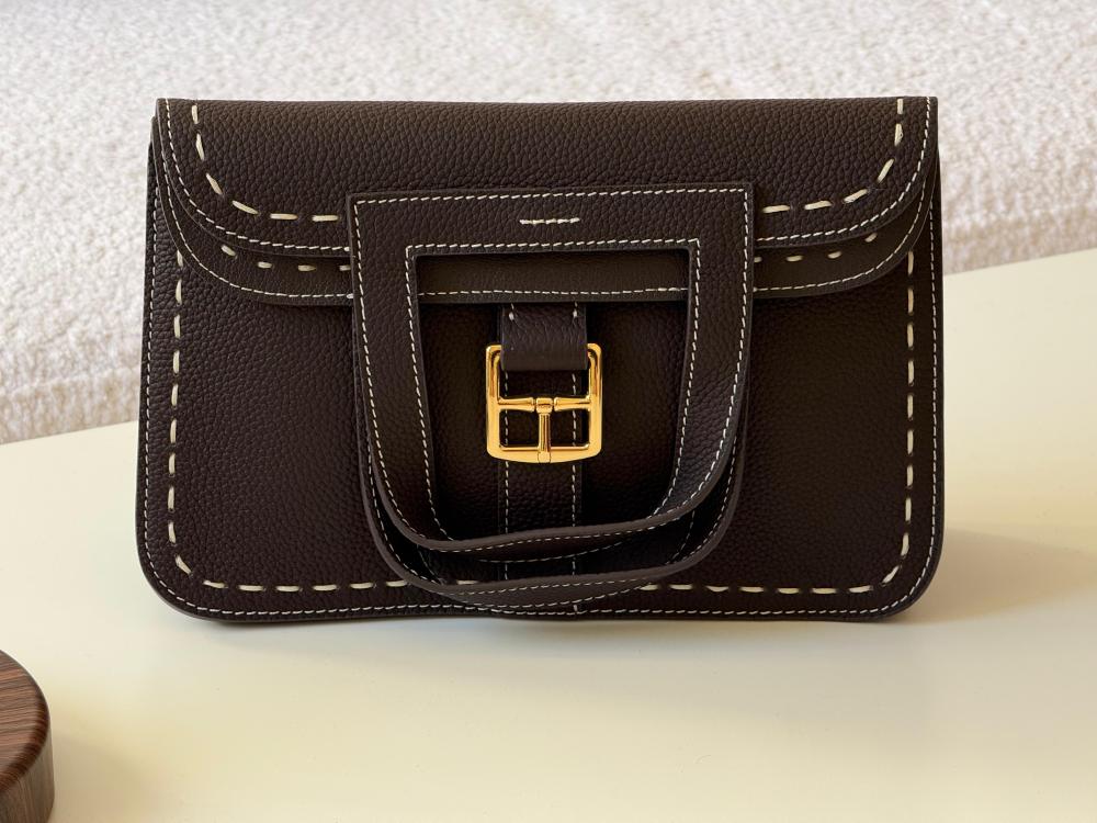 Hermes Halzan 25cm Clutch Bag in Dark Brown Leather