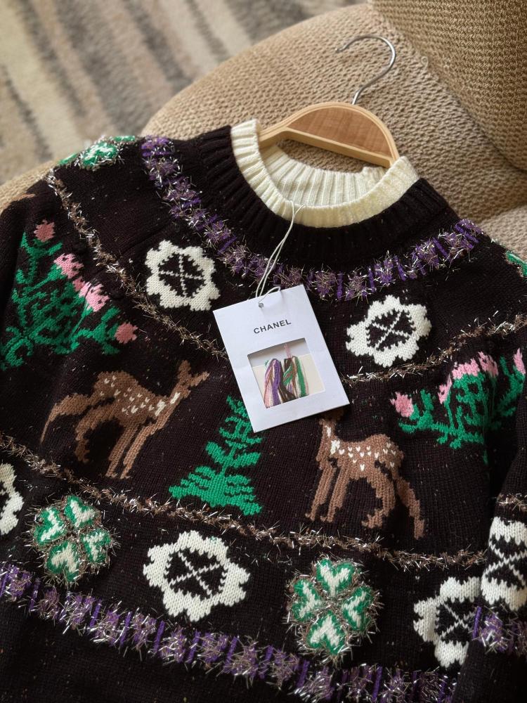 Chanel 2026 women's wool sweater in brown with a deer print - E