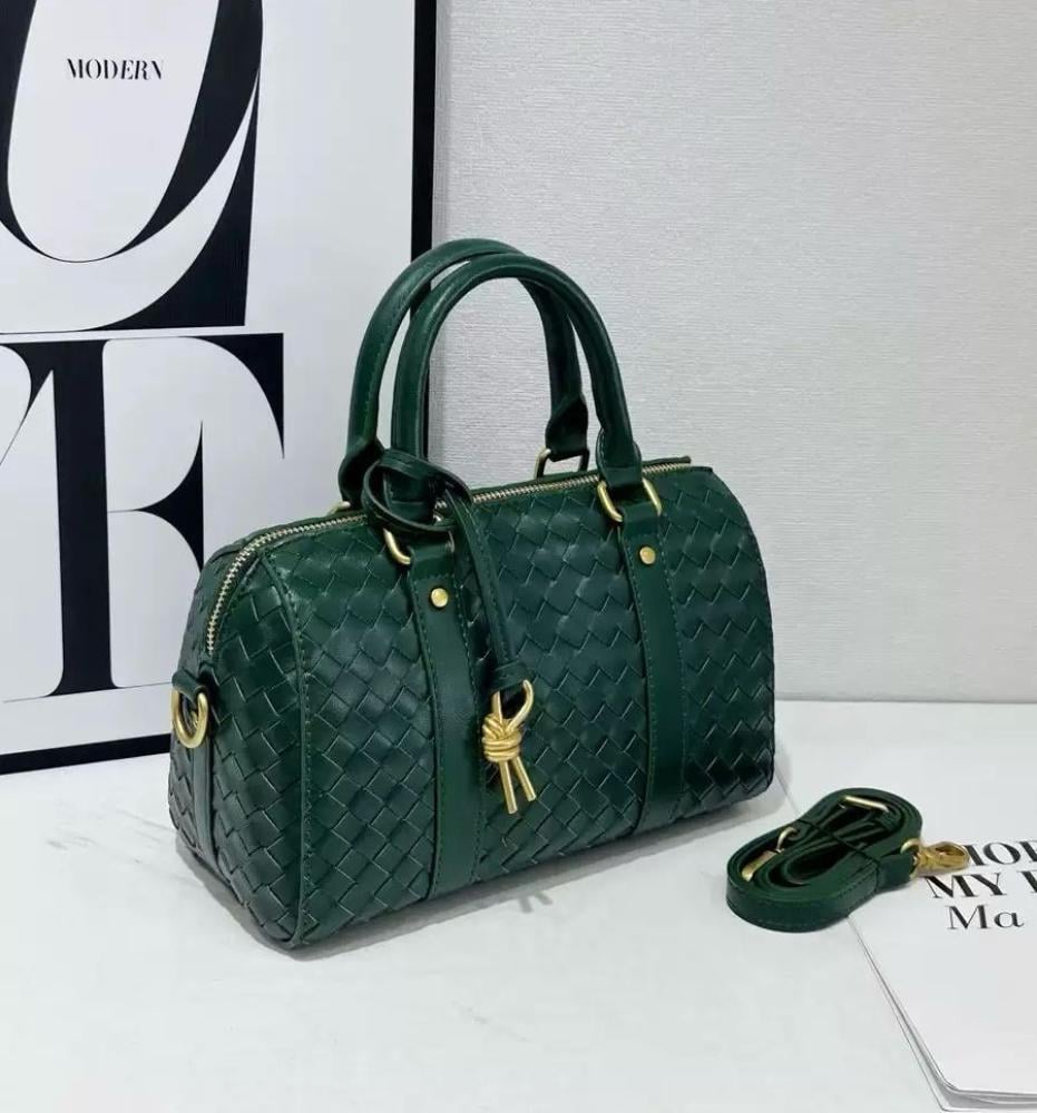Bottega Classic Leather Zip Top Handle Bag Dark Green