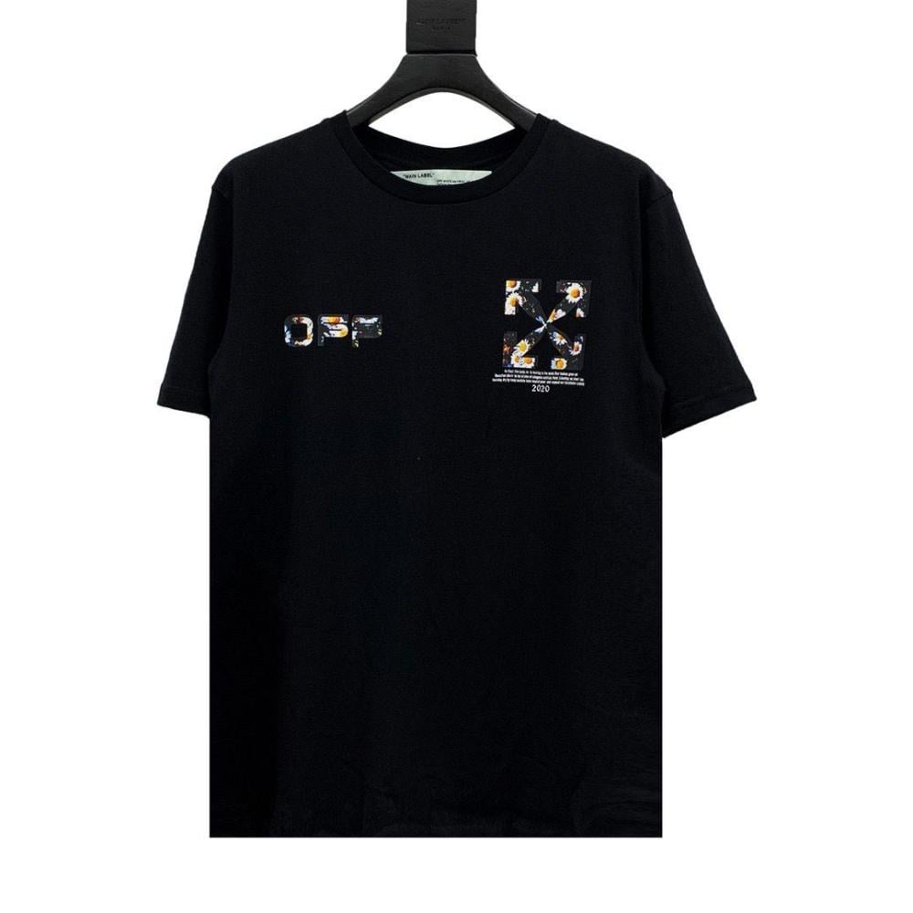 Men's off-white crew neck t-shirt, black, with floral logo E