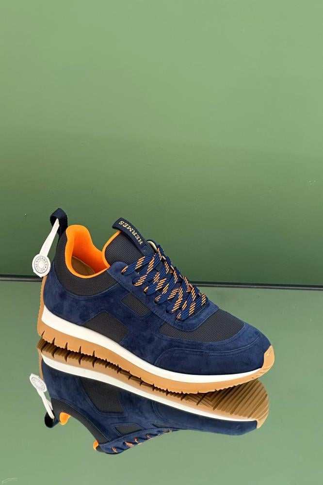 Hermes Jimmy Men's Lace-Up Sneakers in Navy Blue Orange