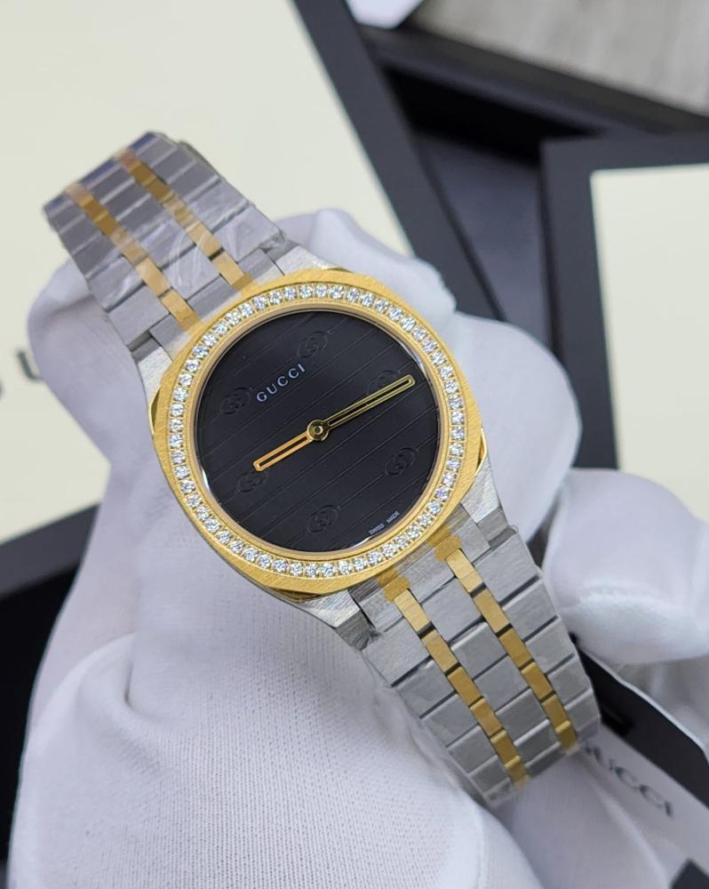 Gucci H25 Women's Silver and Gold Metal Watch with Black Dial - E