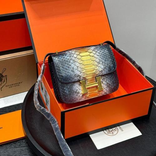 Hermes Constance Snake Print Shoulder Bag in Navy and Yellow