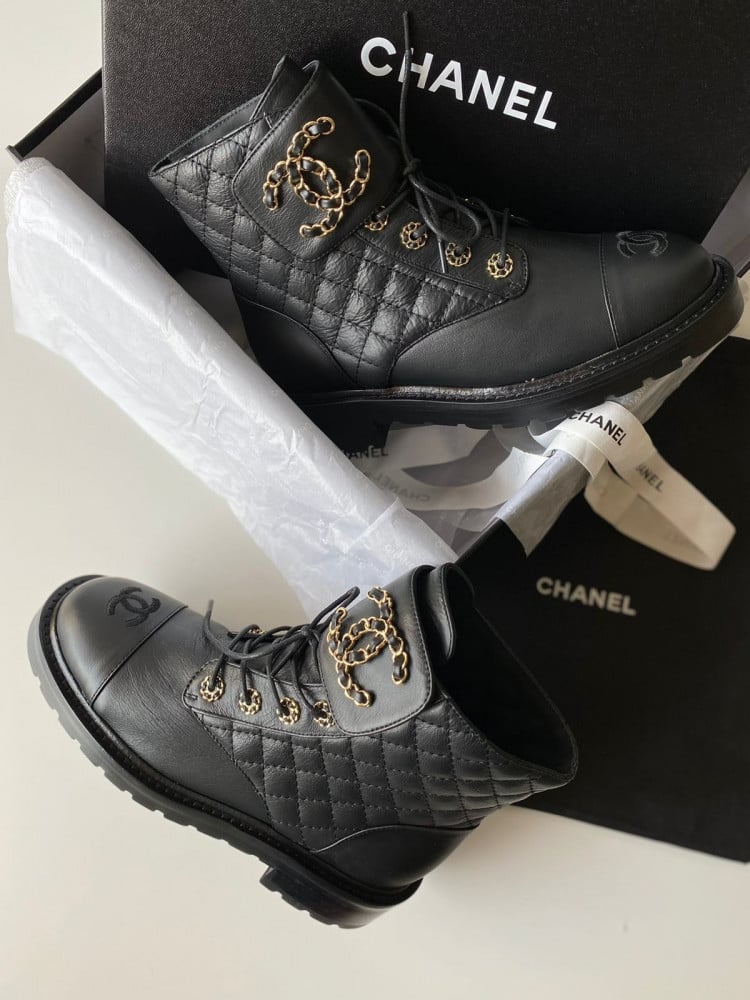black quilted leather lace up boots from channel - E-SEVEN STORE