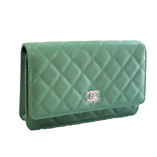 Chanel mini clutch bag, flap style, grained leather, green color