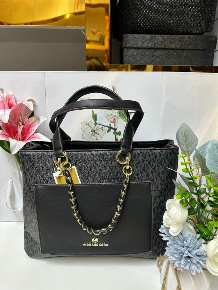 Michael Kors Logo MK Handbag in Black with Gold Detail - E