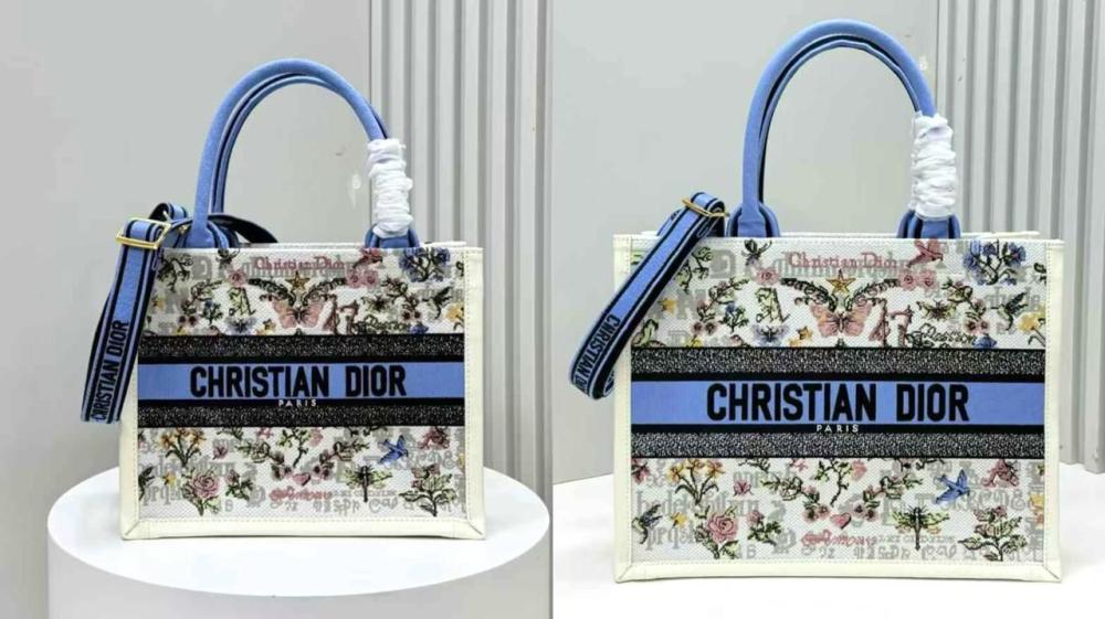Dior tote bag in a sophisticated floral print with blue handles