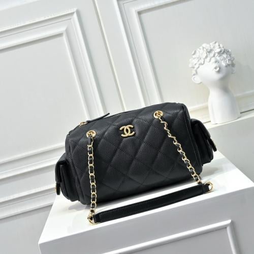 Chanel Bowling Shoulder Bag with Chains, Black Color and Gold Logo