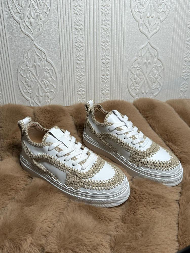 Chloe Women's Leather Knit Sneakers - White Beige