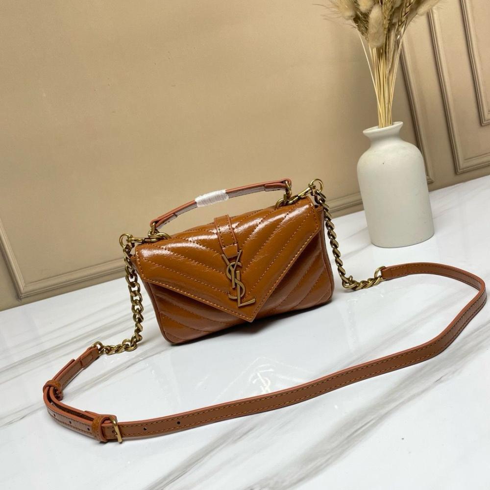 Saint Laurent Mini 18cm Flap Bag with Long Handle, Caramel - E