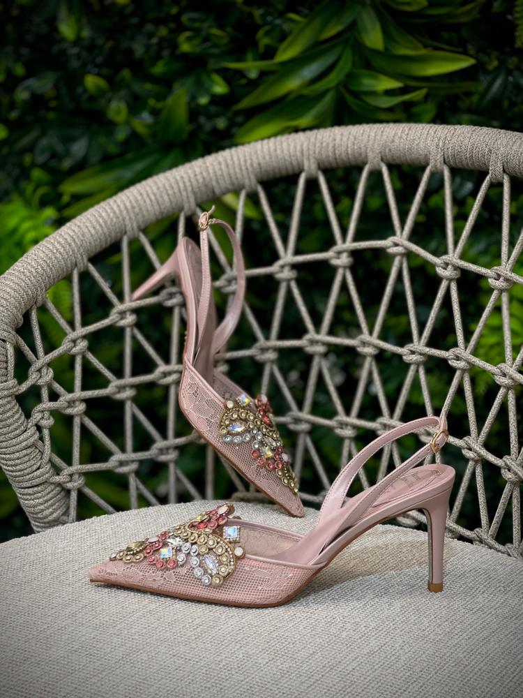 Rene Caovilla pink embellished slingback evening sandal