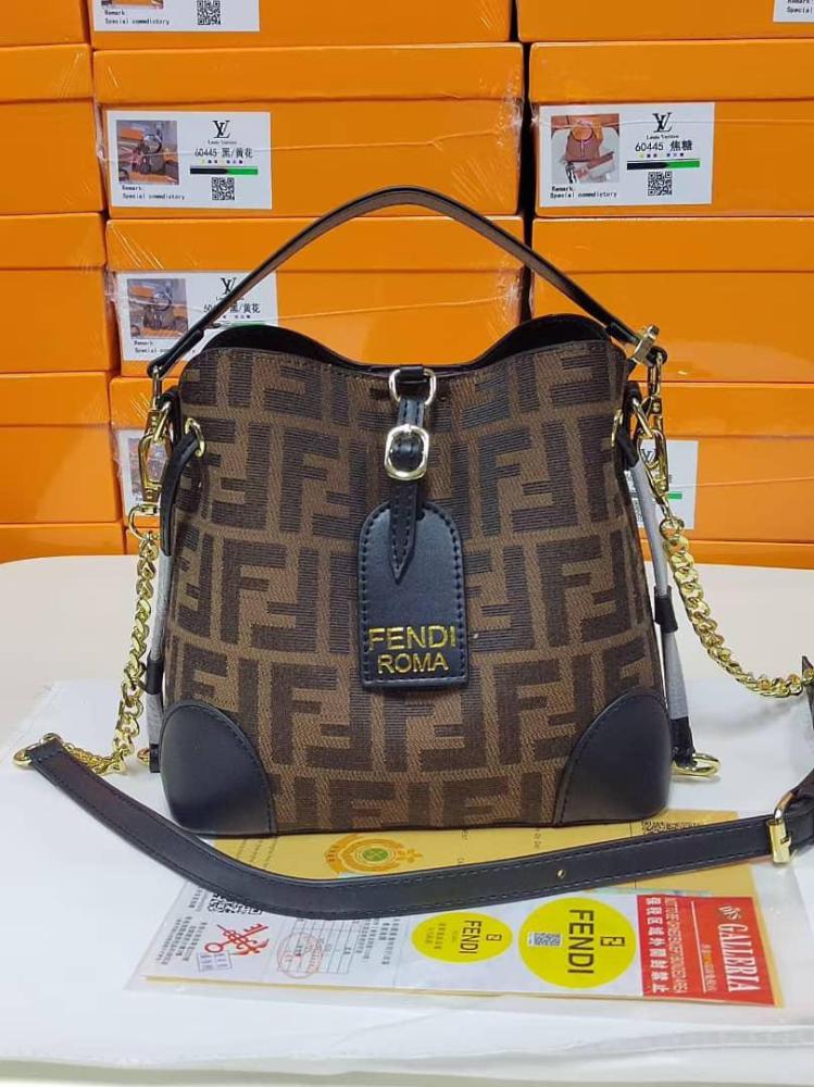 Fendi bucket bag, brown color, FF pattern, and leather trim - E