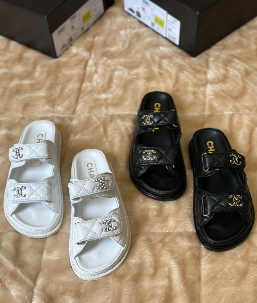 Chanel Women's White Leather Sandal with Silver Studded Logo