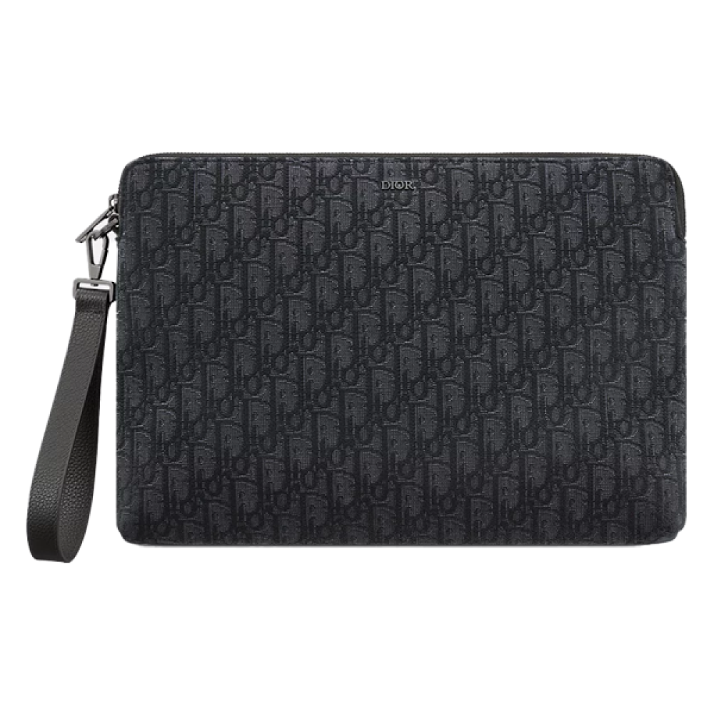 Dior Pouch Men's Handbag, Oblique D Pattern, Black, Zipper