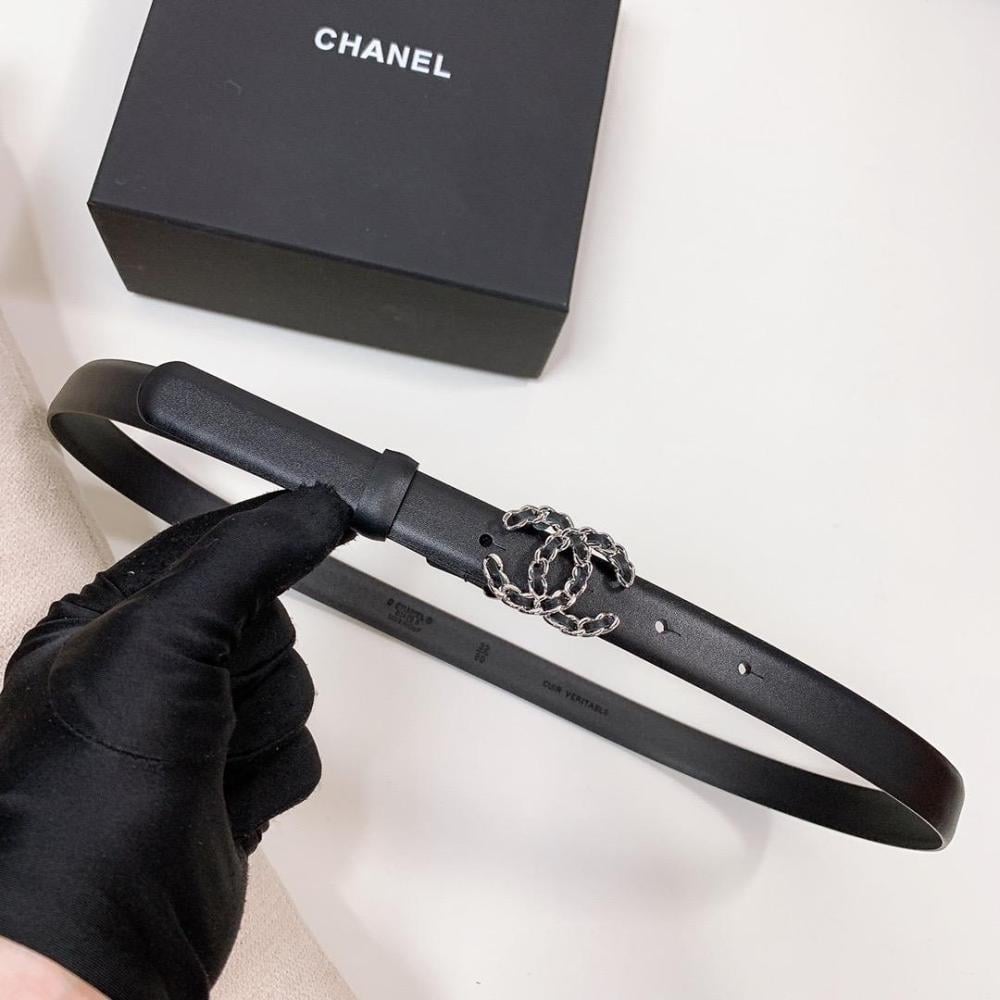 Chanel Women's Plain Black Belt 2cm Silver and Black Buckle