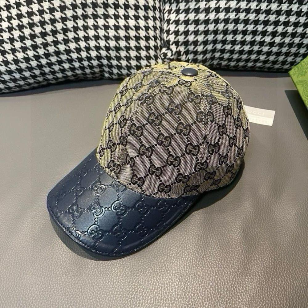 Gucci Baseball Cap Leather and GG Logo Fabric Brown and Black