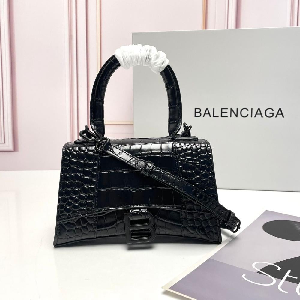 Balenciaga Hourglass Croco Bag in Black Leather with Black