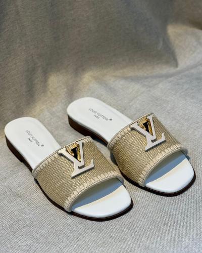 LV Louis Vuitton Women's Straw Slippers White Beige E-SEVEN STORE