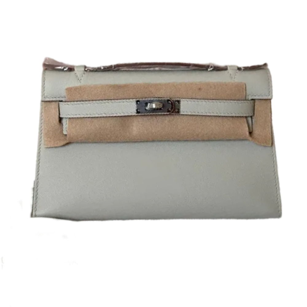 جزدان جلد باوتش هيرميس كيلي لون رمادي مع معدن فضي