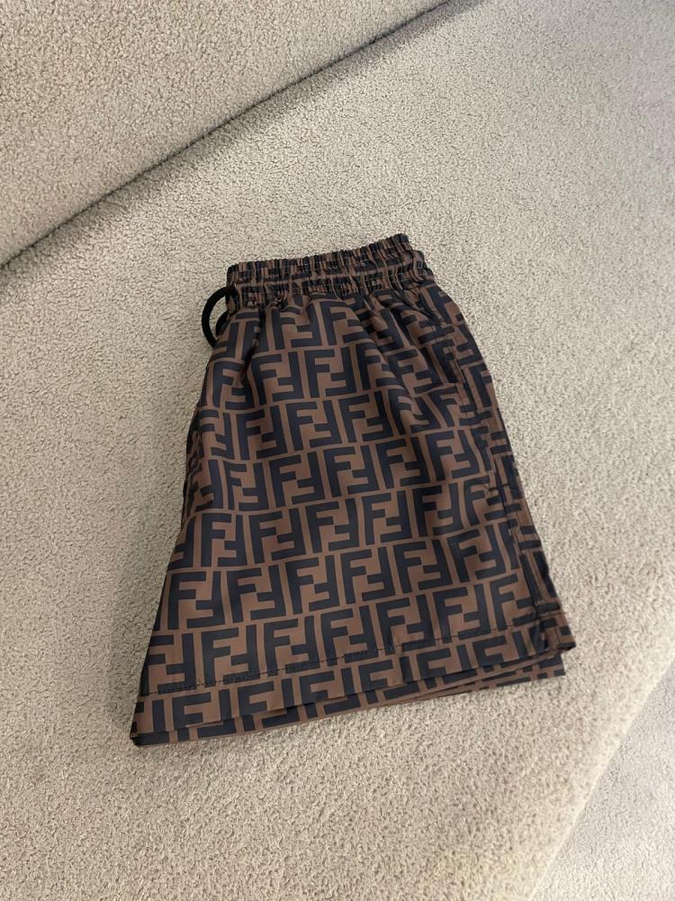 Fendi Men's Swim Shorts with Elastic Waistband, FF Print, Brown and Black