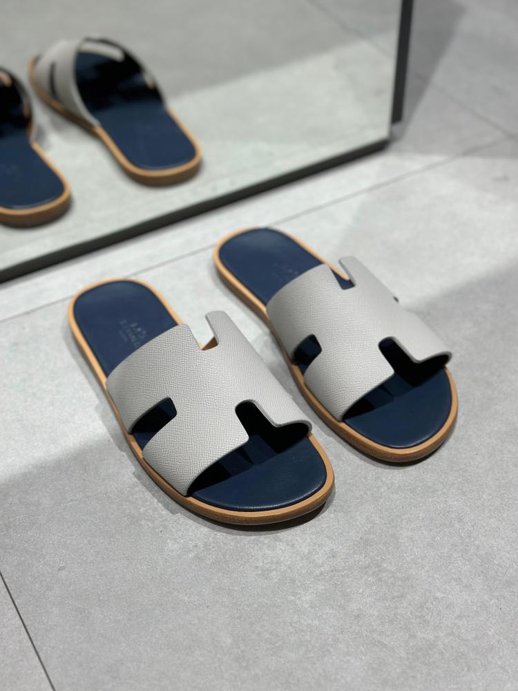 Hermes Men's Slippers, Comfortable and Fashionable, Blue Grey Leather