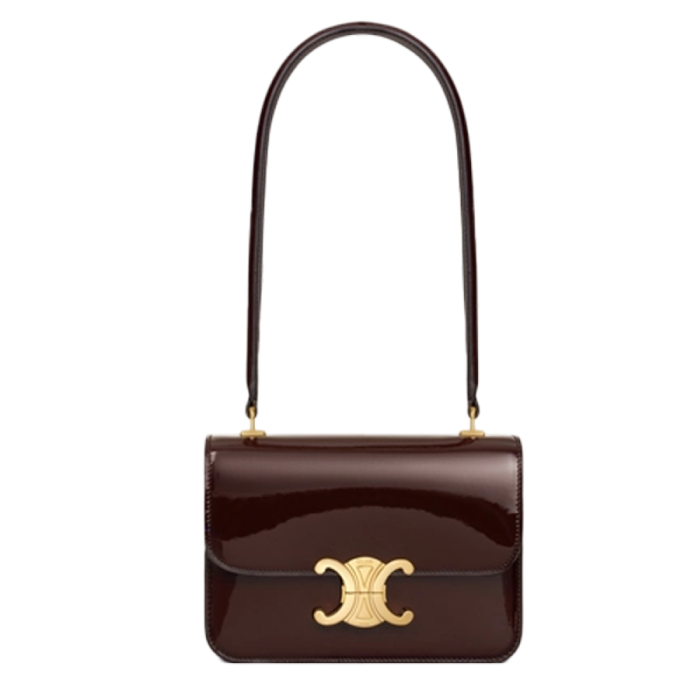 CELINE Teen Triomphe leather shoulder bag セリーヌ Celine Teen Triomphe Shoulder Bag in Shiny Brown - E-SEVEN STORE