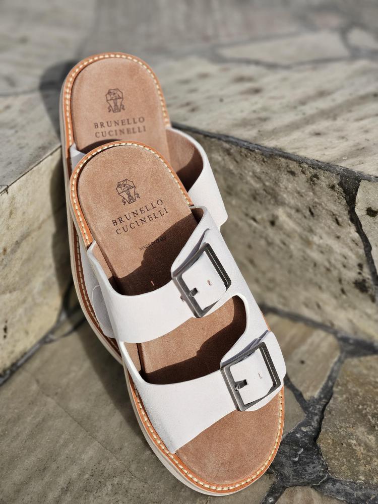 Brunello Cucellini Men's Slip-On Sandal, White and Beige