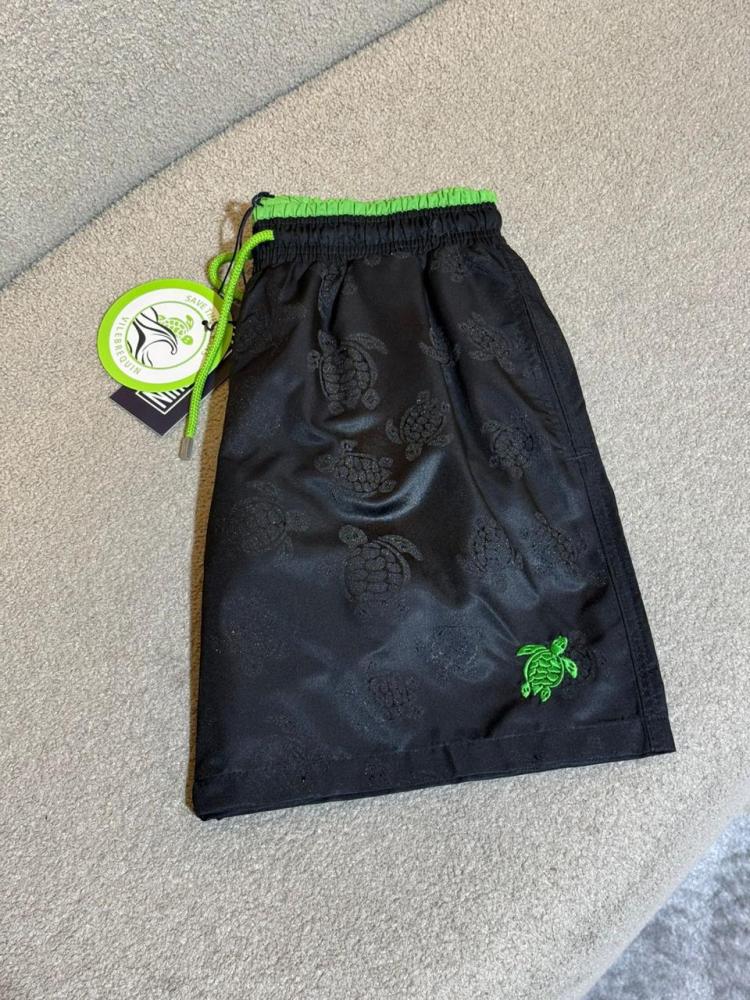 Men's Black Flip-Flop Printed Swim Shorts with Green Logo Embroidered