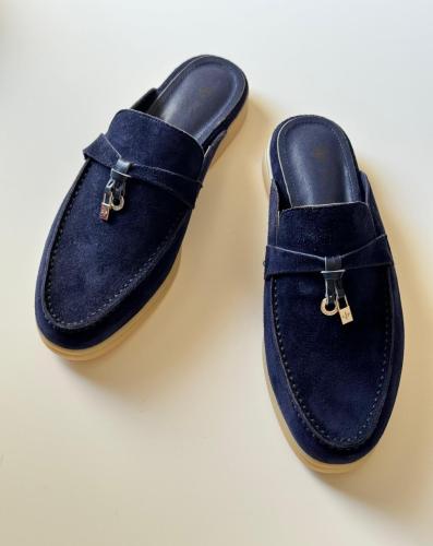 Lorebiana Women's Closed Flat Slipper, Elegant Navy Blue - E-SEVEN