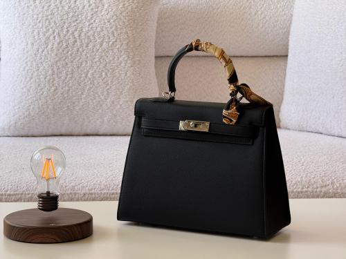 Hermes Kelly 28cm Leather Handbag for Women, Black - E-SEVEN