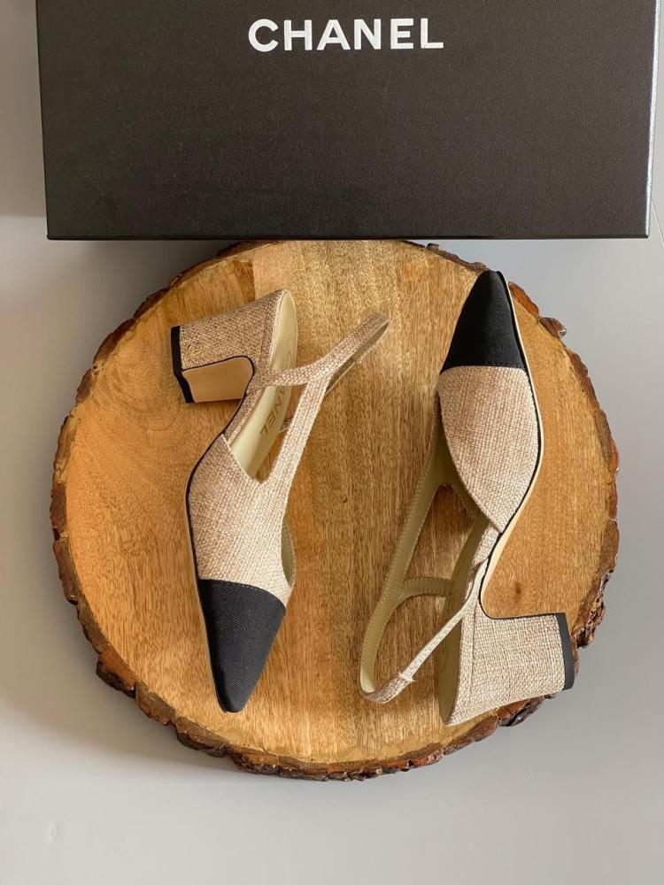 Chanel Women's Closed Sandal with Elastic Strap, Beige Black - E