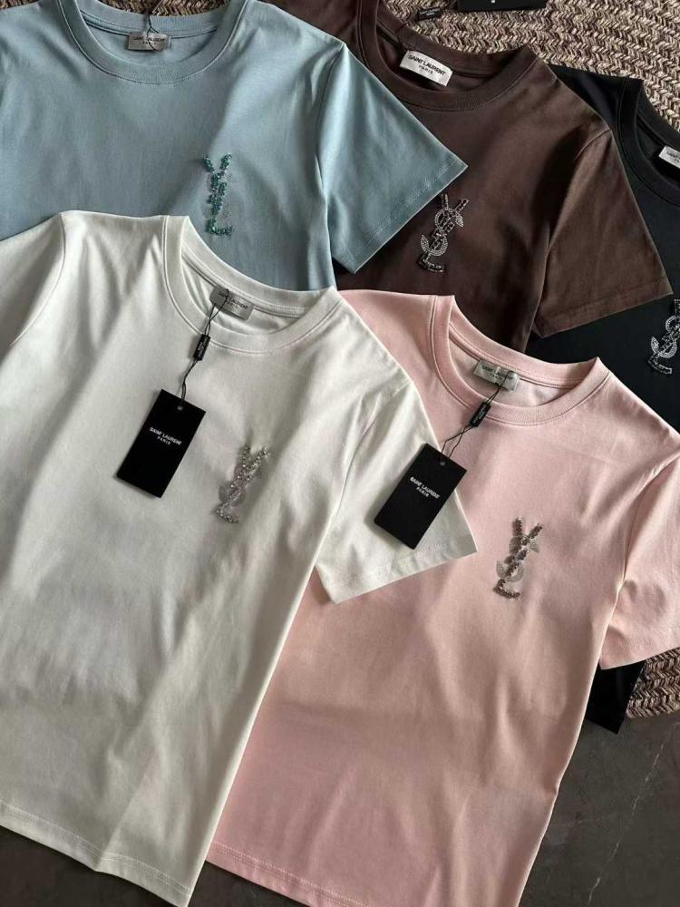 Saint Laurent women's pink t-shirt with embroidered rhinestone