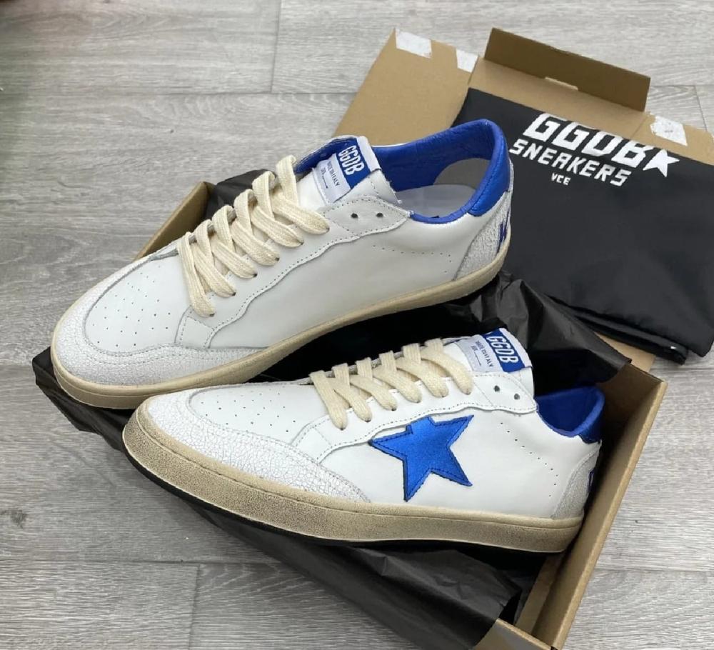 Golden Goose Men's White Leather Sneakers with Blue Star E-SEVEN