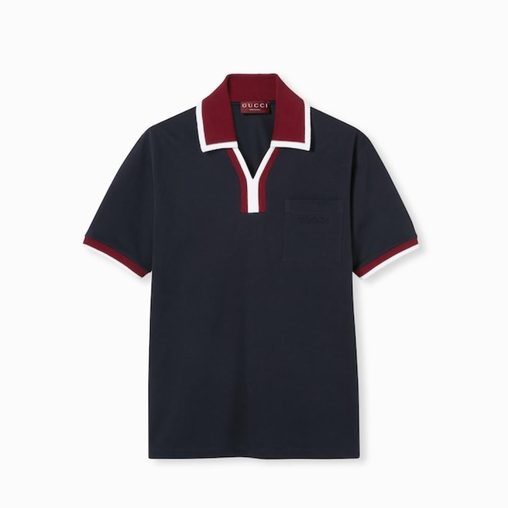 قميص بولو جوتشي رجالي لون كحلي بياقة أبيض وأحمر