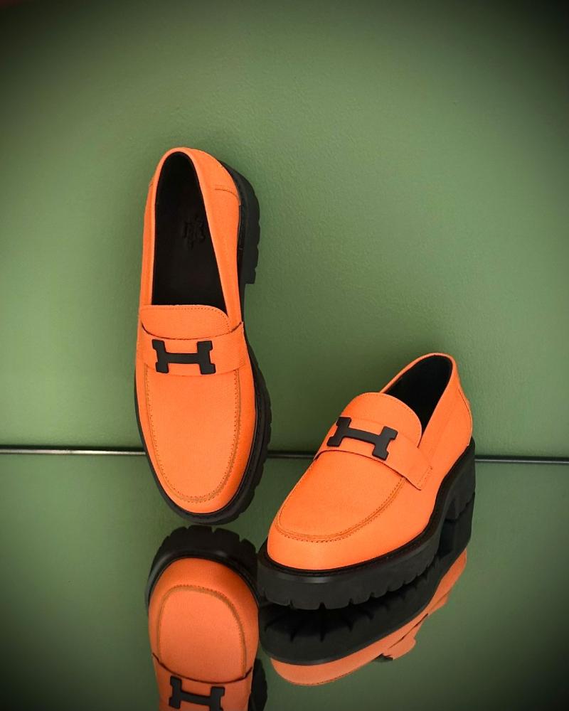 Hermes men's leather loafers in a trendy orange color - E-SEVEN STORE