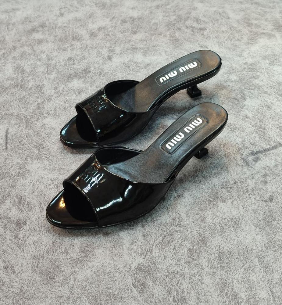 Miu Miu Women's Black Shiny Leather Strapless Sandal - E-SEVEN STORE