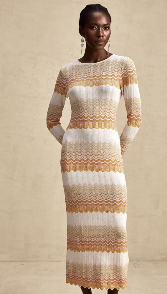 Missoni long sleeve maxi dress in beige orange with modern