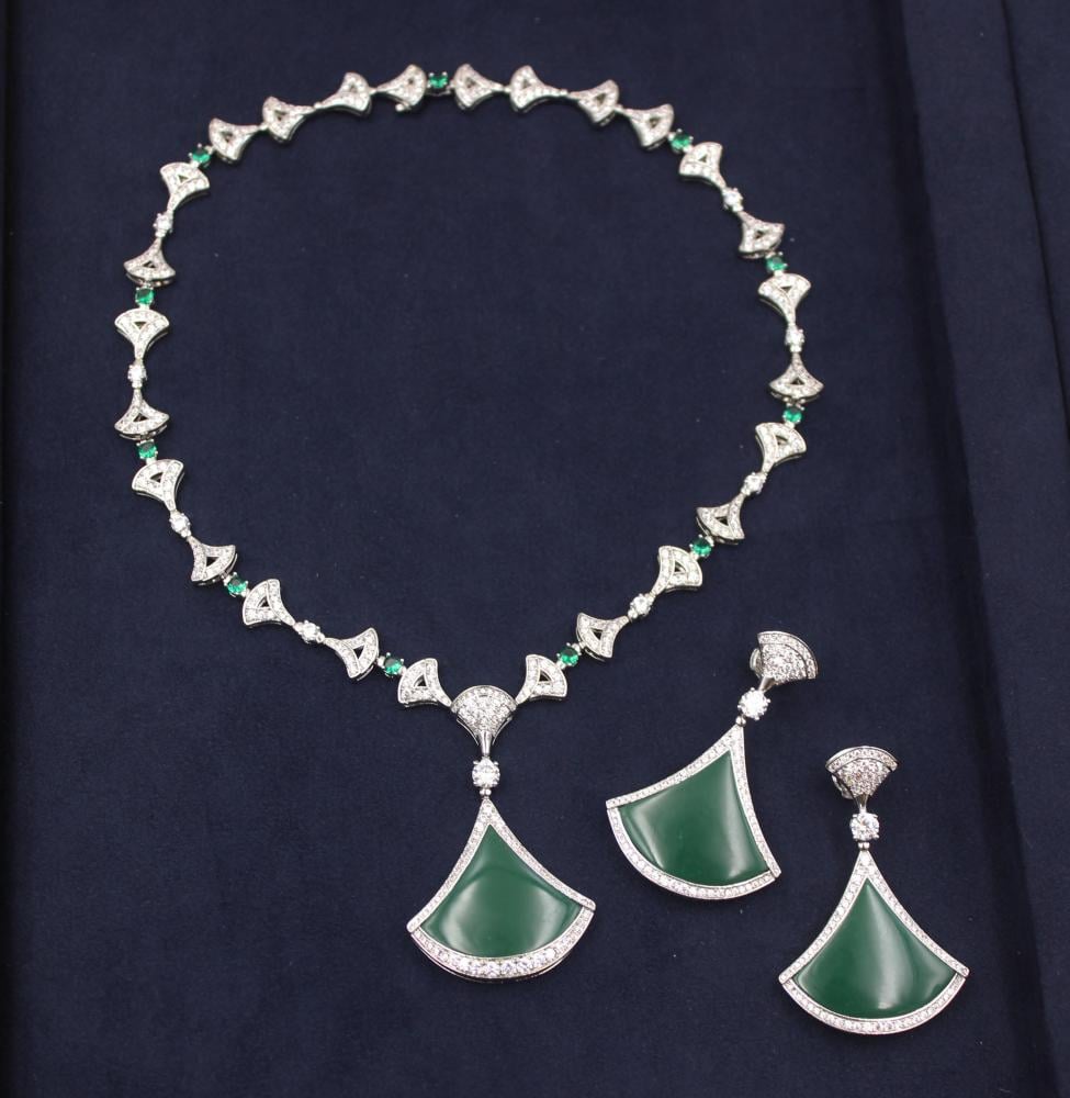 Bulgari jewelry set, silver necklace and earrings with green