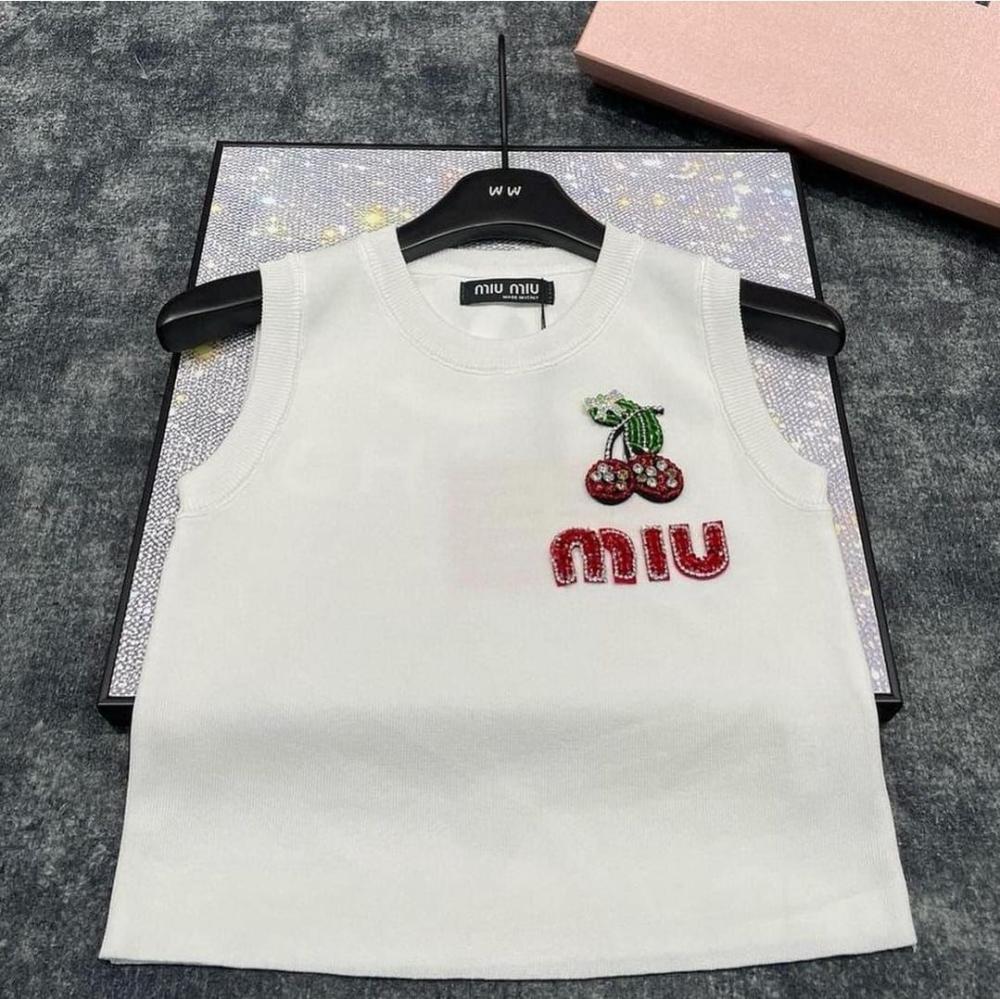 Miu Miu white cherry embroidered sleeveless crop top - E