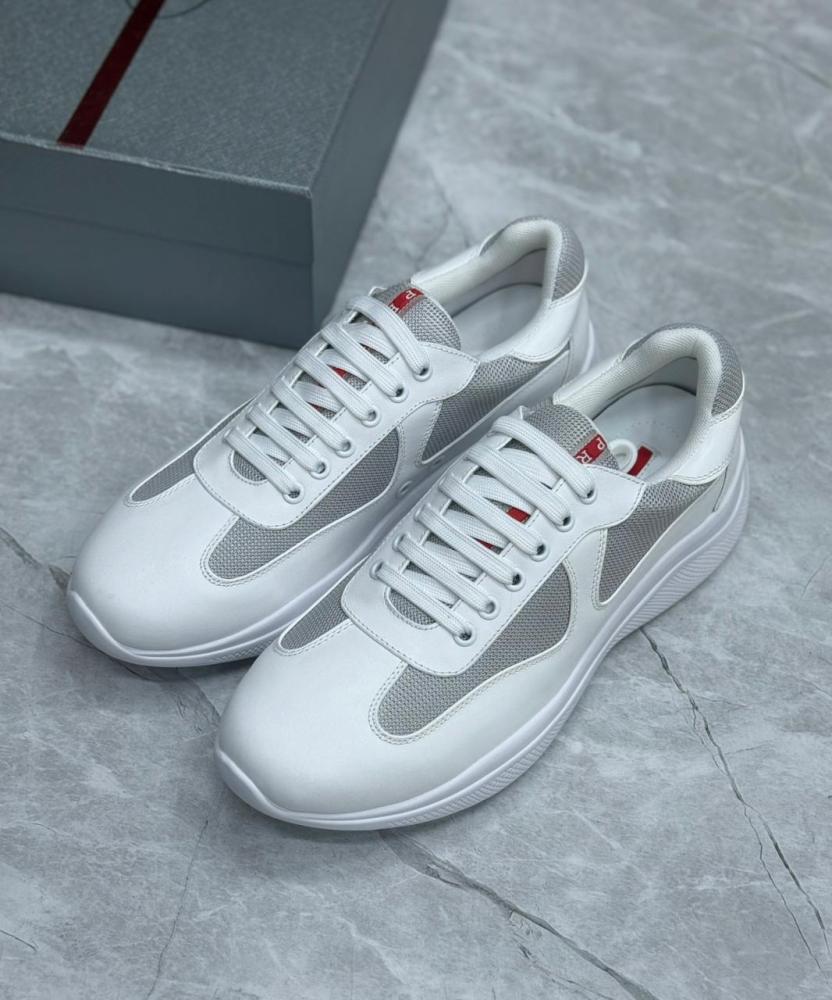 Prada Men's White Mesh Leather Sneakers - E-SEVEN STORE