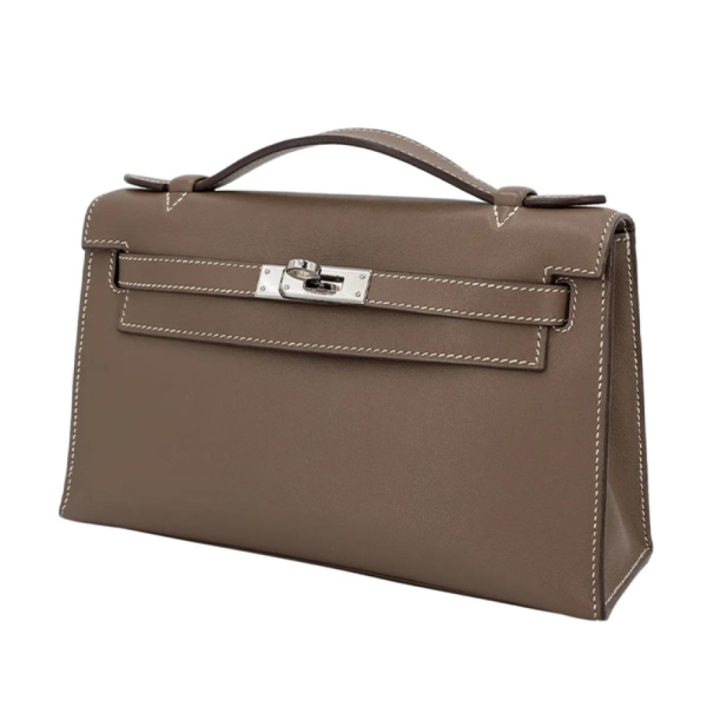 Hermes Kelly soft leather pouch bag in brown with silver metal