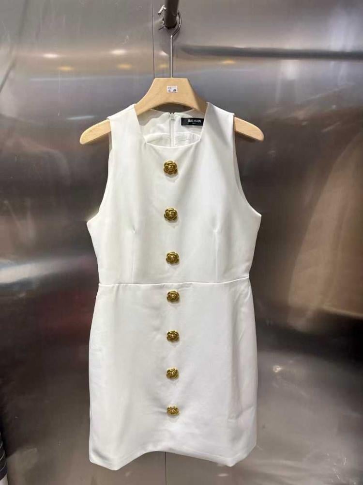 Balmain short sleeveless dress for occasions, white, with gold buttons